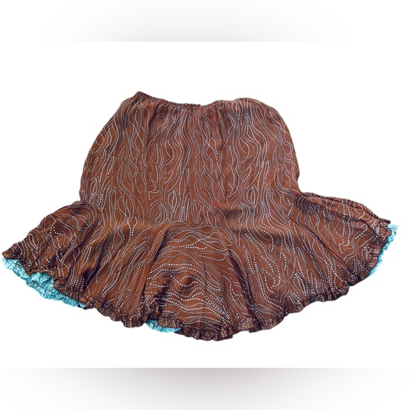 Multiples Y2K Blue Brown Playful Floral Dot Asymmetrical Reversible Ruffle Skirt - Picture 5 of 7